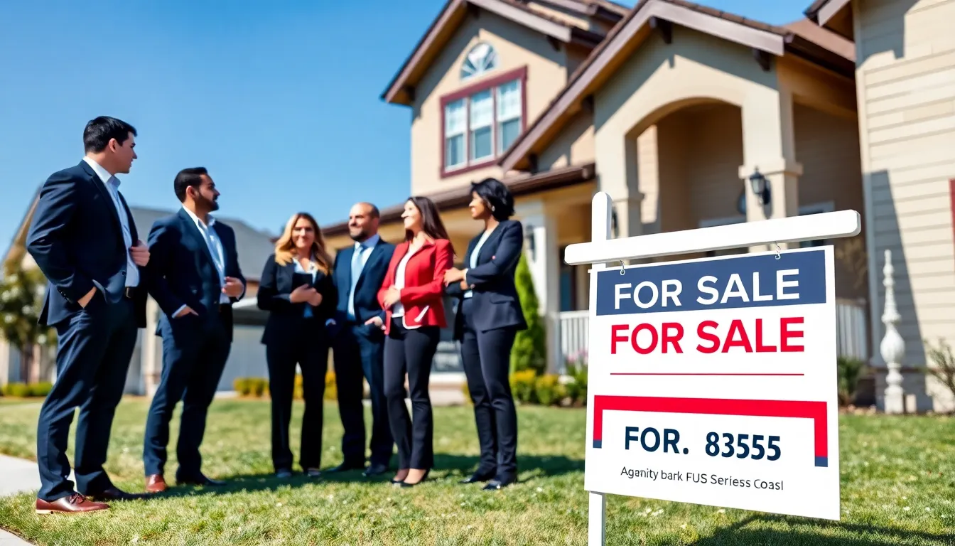 real estate agents discussing a modern for-sale sign outside a home.