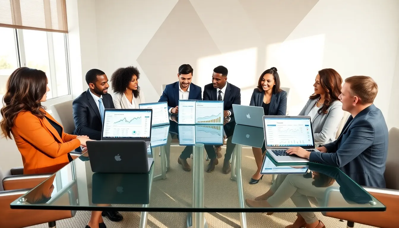 real estate agents discussing SEO strategies in a modern office.
