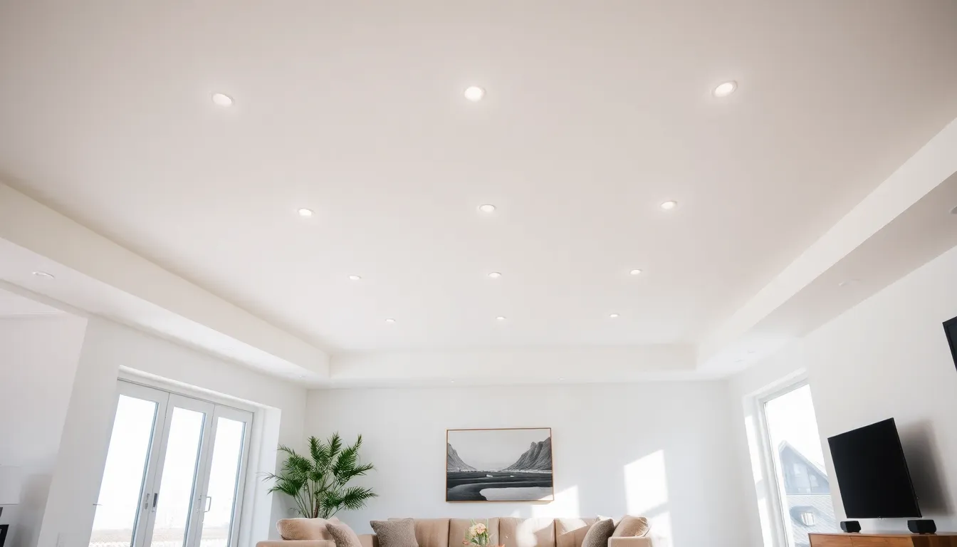 modern living room with recessed lighting housing in the ceiling.