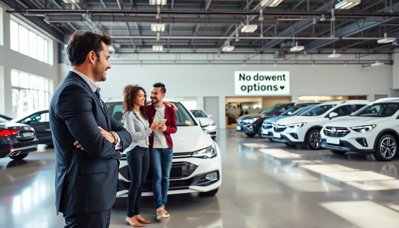 diverse couple exploring no down payment car options at a dealership.