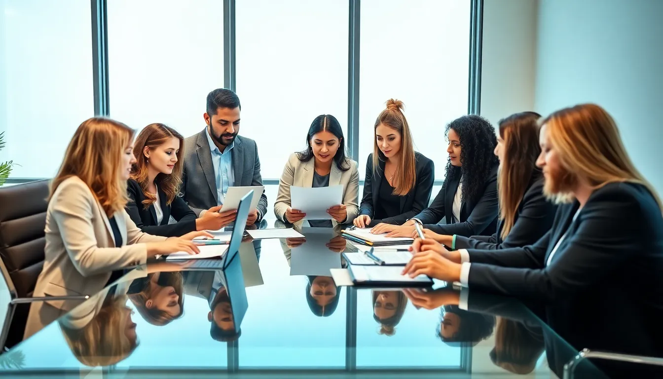 real estate agents discussing tax deductions in a modern office.