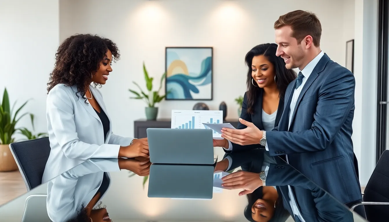 diverse professionals discussing home down payments in a modern office.
