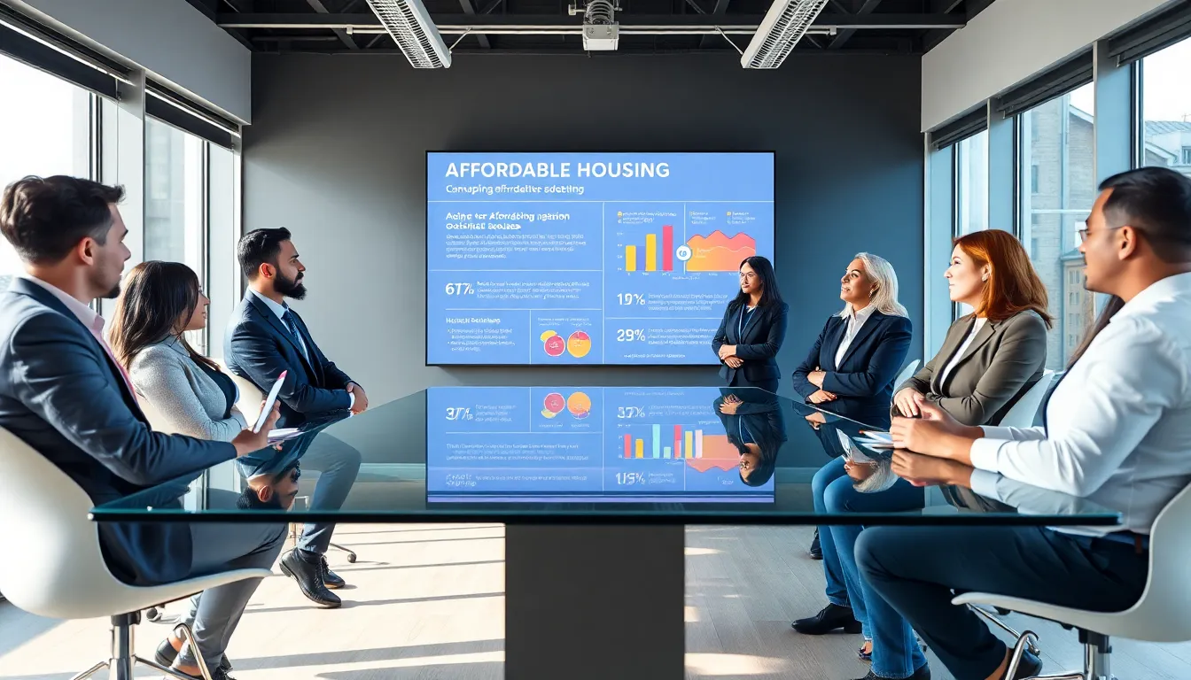 diverse professionals discussing affordable housing in a modern office setting.