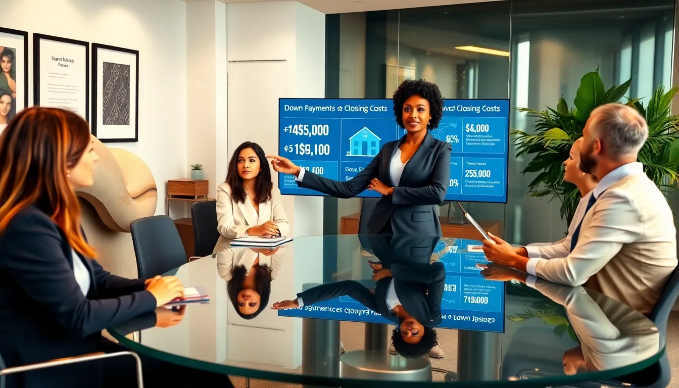 mortgage professionals discussing down payments in a modern office.