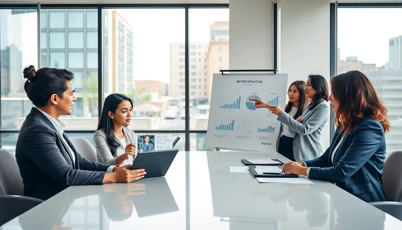 diverse real estate agents collaborating on marketing strategies in an office.