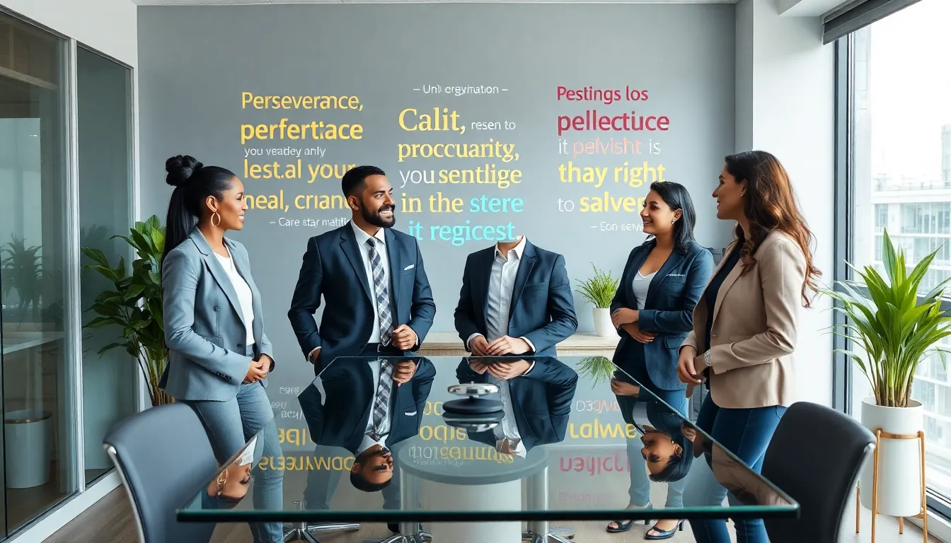 diverse real estate agents discussing motivational quotes in a modern office.
